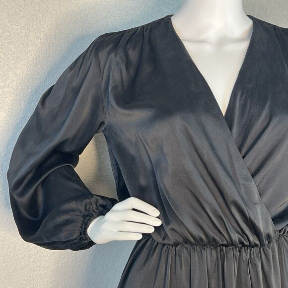Taylor Tillman Size XS Black Berk Silk Faux Wrap Mini Dress Balloon Sleeve - Picture 6 of 9